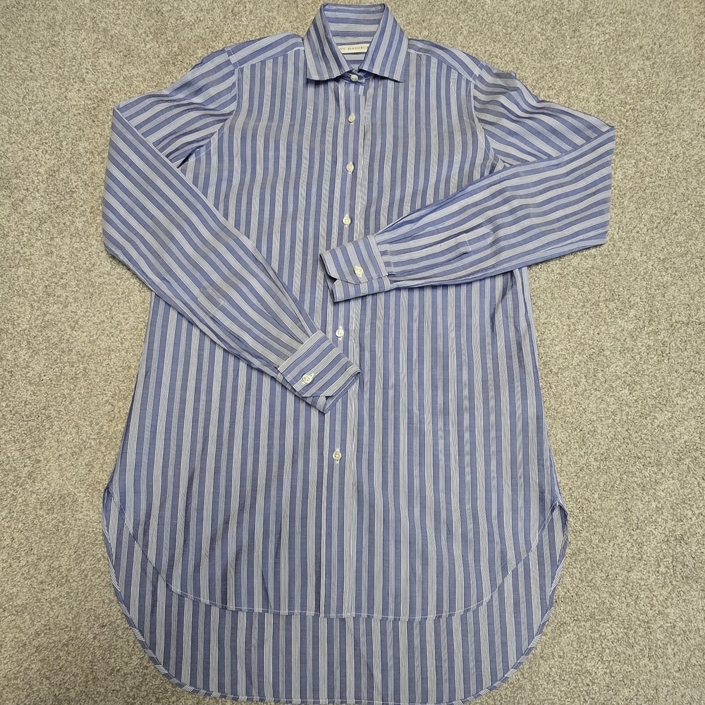 ANN MASHBURN Women's Cotton Poplin Boyfriend Shirt in Striped Blue/ White Size S